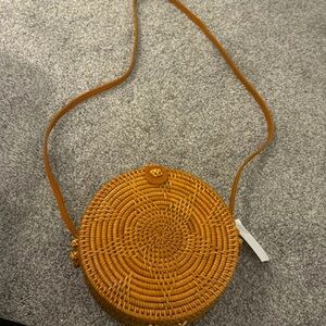 Round Rattan Crossbody Hand Woven Basket Handbag Leather Strap 8inches wide